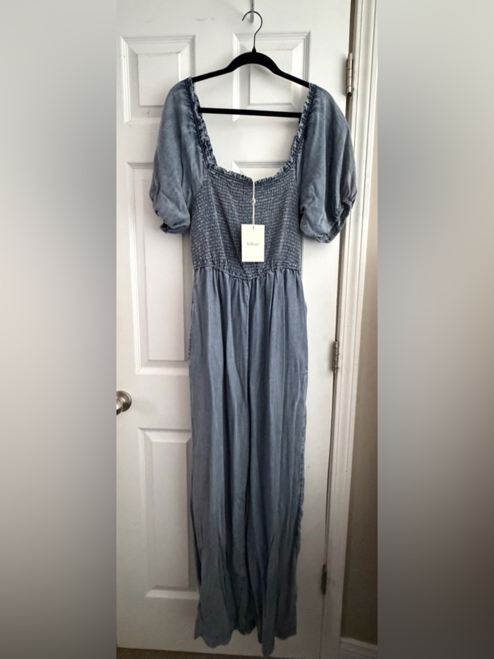 bohme Light Blue Smocked Jumpsuit with Puff Sleeves